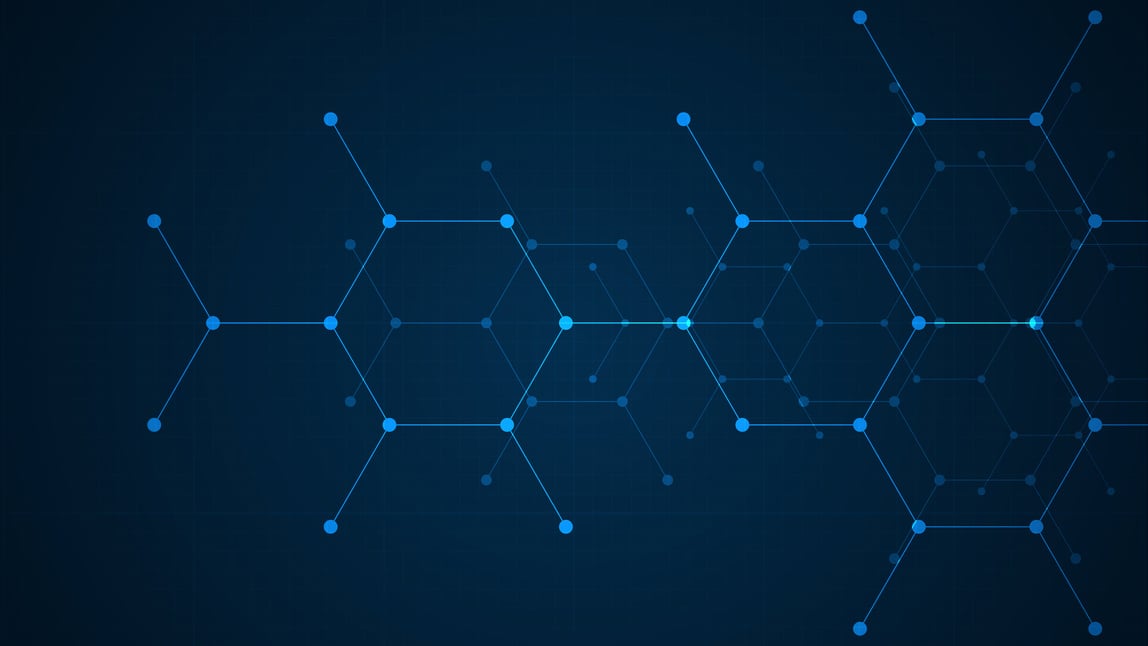 Hexagons pattern on blue background. Genetic research, molecular